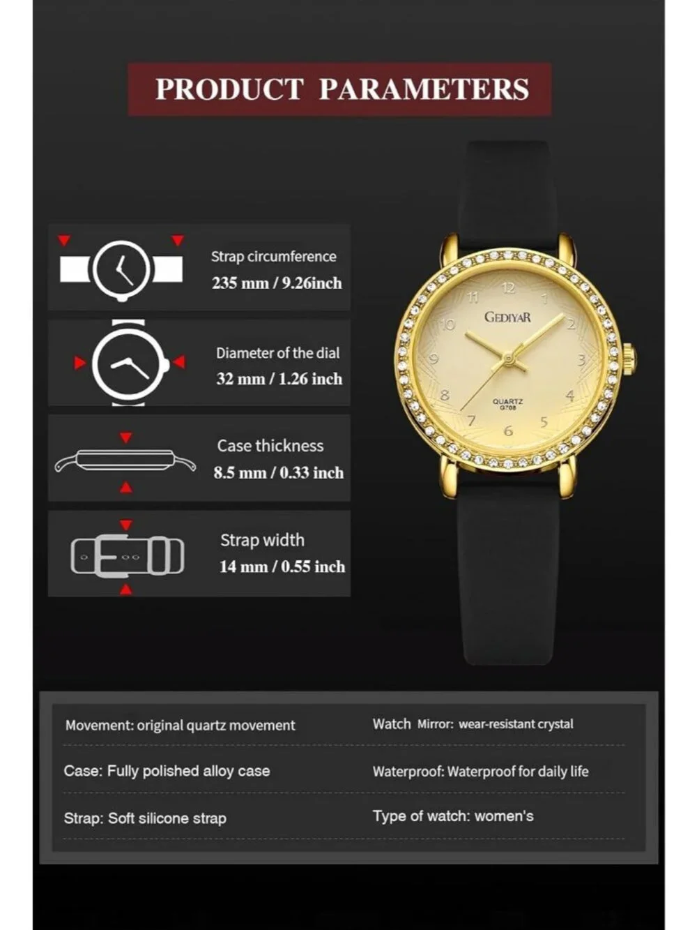 Women's Black Gold Analog Quartz Crystal Rhinestone Bezel Waterproof Wrist Watch